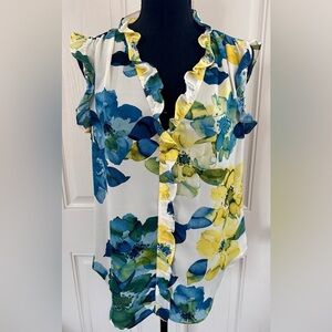 DKNY Floral Ruffle Blouse - Blue, Green, and Yellow, M